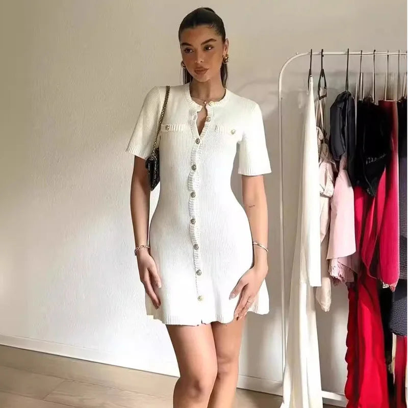 White Elegant Knitted Mini Dress For Women Metal Button Sexy Slim Rib Sweater Dress Holiday Party Outfits Autumn 2024 New