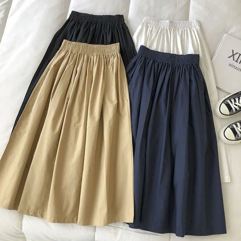 Women White Long Skirt Fashion Pockets Pleated Knee Length Skirts Autumn 2024 New Casual Elegant High Waist A Line Femme Skirts