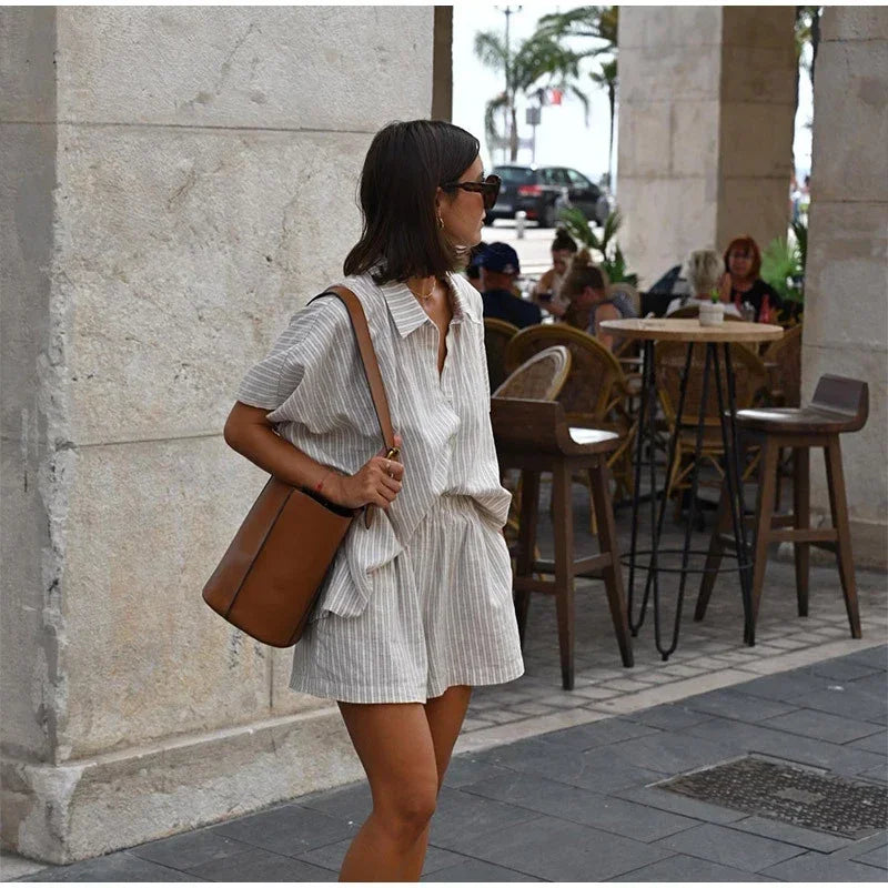 Women Fashion Stripe Print Lace-up Shorts Set Oversized Lapel Short Sleeve Single Breasted Shirts Suit Lady Casual Street Outfit