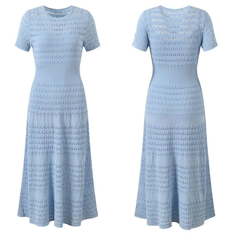 CHUJIE Women's 2025 Summer Lace Trim Dress Set - Round Neck Short Sleeve Midi Dress + Slip Dress 2 Piece Set (Rayon Nylon Blend)
