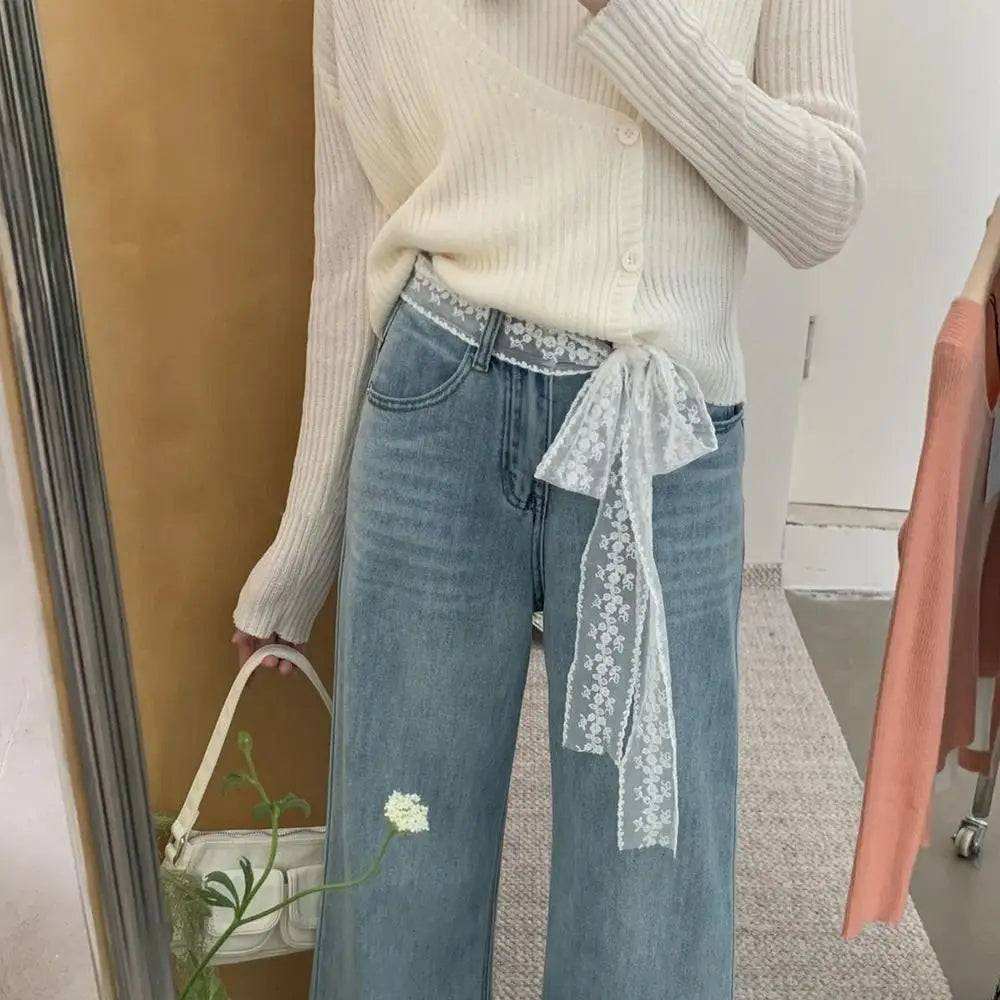 Unique Y2k Long Lace Waistband Bow Thin Lace Waist Belt Floral Tie Up Dress Jeans Belt Streetwear