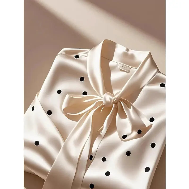 Women High Quality Satin Polka Dot Print Shirt Office Lady Business Casual Elegant Chic Blouse Lace-up Bow Long Sleeve Loose Top