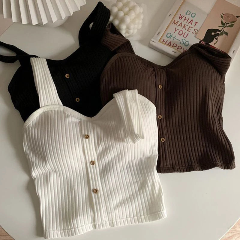 Women's Y2K Cropped Tops with Bra Pads Summer Corset Korean Suspenders Vest Sexy Camisole Slim New