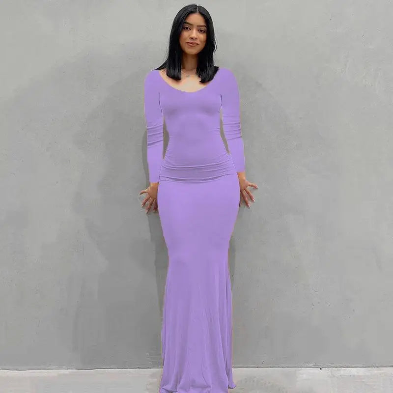 2025 Autumn Long Sleeve Dresses For Women Sexy V Neck Bodycon Solid Elegant Long Dress Y2k Skinny Trumpet Maxi Vestidos