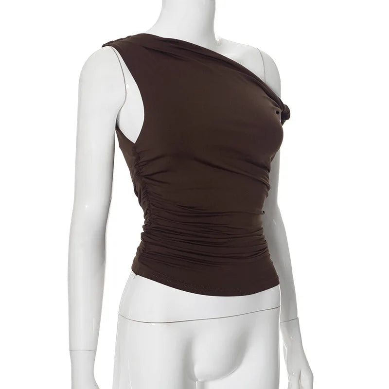 Simple Basic Casual Summer Tank Top Sleeveless Solid Color Off Shoulder Side Ruched Crop Tops Vestidos Spring Women T S