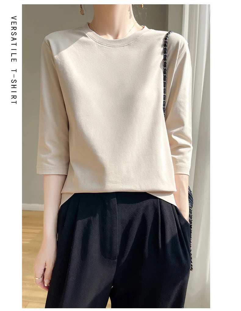 Spring And Summer New White Mercerized Cotton Short Sleeve T-Shirt Feminine Joker Cotton Cropped Sleeve Bottoming Shirt