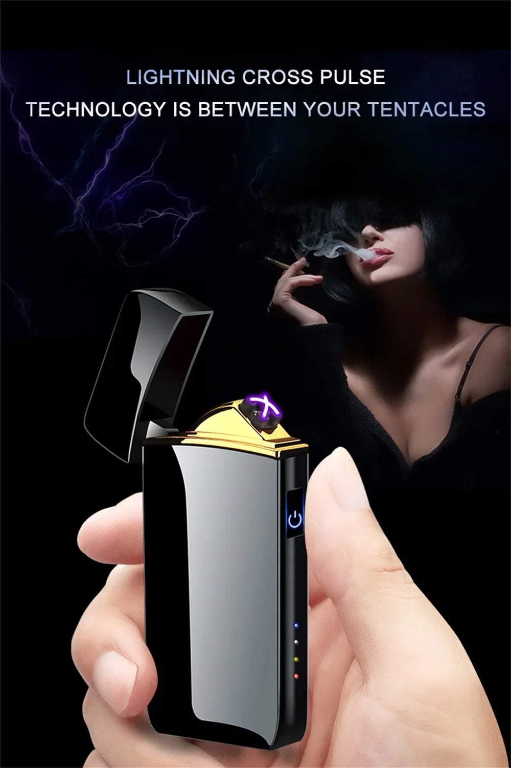 2024 New Windproof Electric Metal Lighter Double Arc Flameless Plasma Lighter USB Rechargeable LED Power Display Touch Sensor