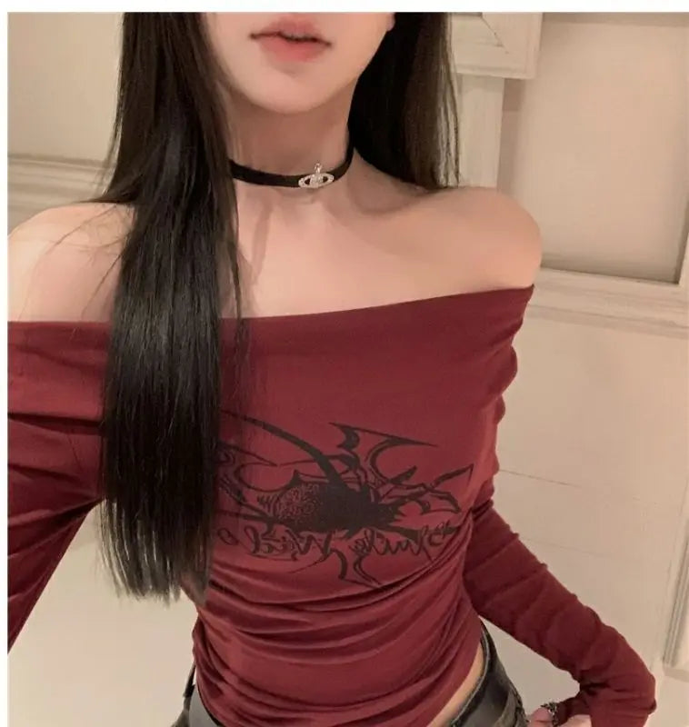 Women Y2K Gothic Grunge T Shirts Off Shoulder 2023 Autumn Streetwear Fairycore Hip Hop Tops Punk Casual Tees Female Clothes