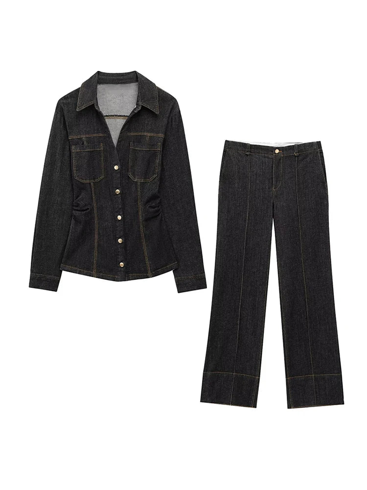 Women Two Pieces Set Denim Pant Sets Single Breasted Long Sleeve Belt Coat Wide Leg Trousers Jeans Female 2 Pieces Outfits