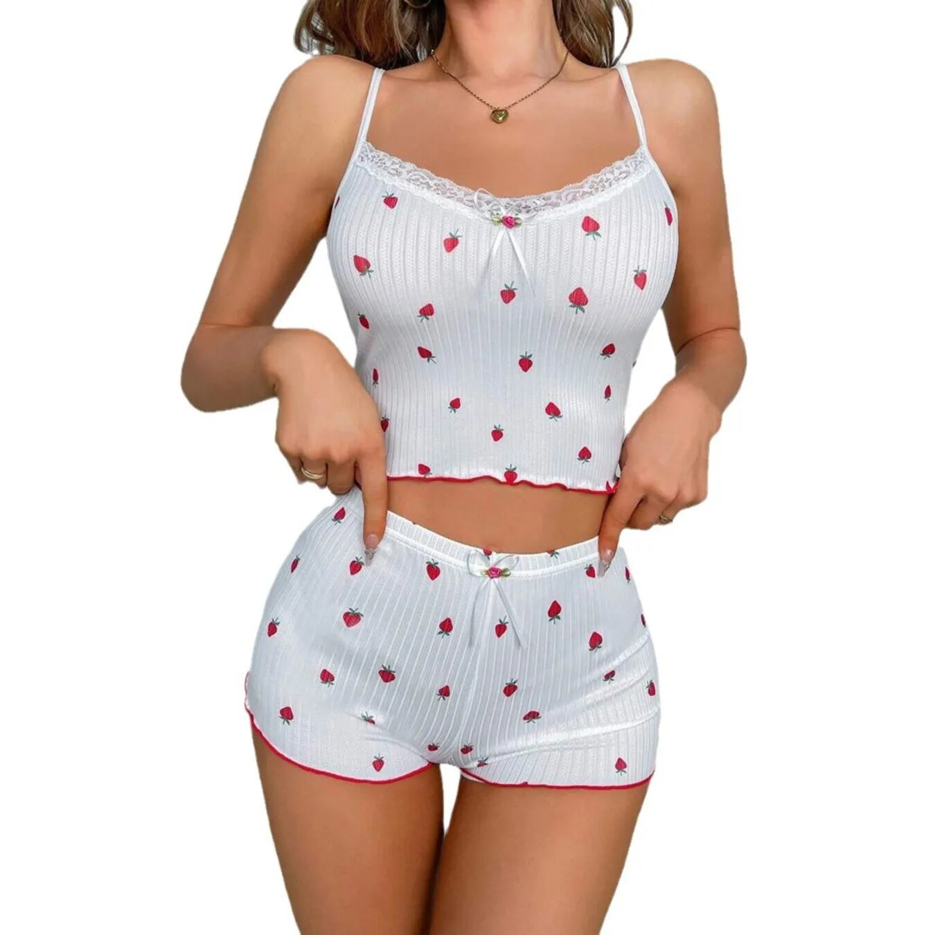 Women's Summer Lace Trim Sleeveless Pajamas Set Strawberry Print Camisole Short Shorts Sexy Sleepwear Cute Two-Piece Nightwear