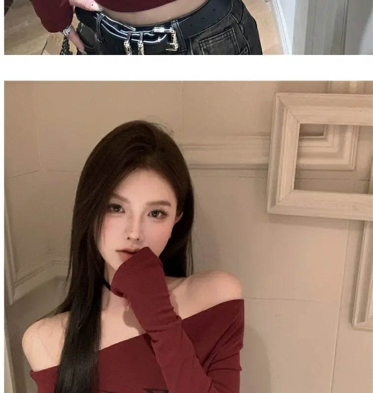 Women Y2K Gothic Grunge T Shirts Off Shoulder 2023 Autumn Streetwear Fairycore Hip Hop Tops Punk Casual Tees Female Clothes