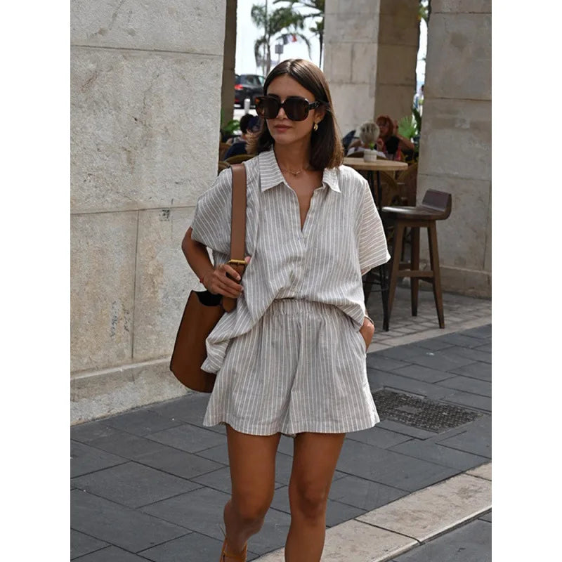Women Elegant Stripes Cotton Linen Loose Shirt Shorts Suits Fashion Lapel Half Sleeves Elastic Waisted Shorts Summer Lady Outfit