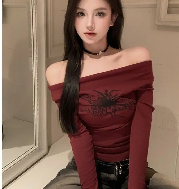 Women Y2K Gothic Grunge T Shirts Off Shoulder 2023 Autumn Streetwear Fairycore Hip Hop Tops Punk Casual Tees Female Clothes