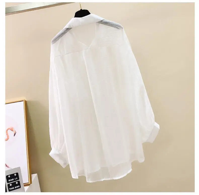 Summer sunscreen chiffon blouse Korean Harajuku style loose casual women's cardigan elegantly perforated top sheer fashionable