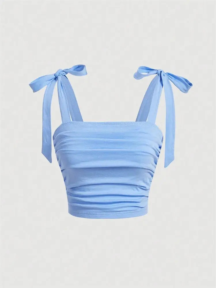 Solid Tie Shoulder Ruched Wide Strap Slim Fit Crop Top for Women Summer 2024 Y2K Clothes Pink Backless Cami Top Streetwear