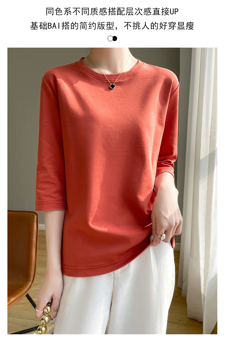 Spring And Summer New White Mercerized Cotton Short Sleeve T-Shirt Feminine Joker Cotton Cropped Sleeve Bottoming Shirt