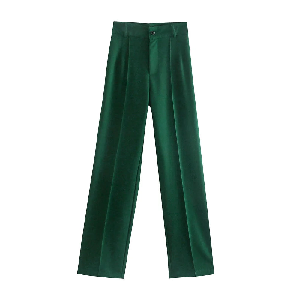 TRZA Women Chic Fashion Office Wear Straight Pants Vintage High Waist Zipper Fly Female Trousers Mujer