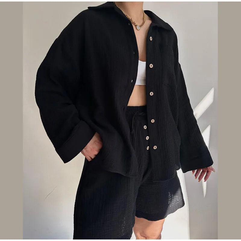 Classic Solid Shirt Pants Set Women Casual Loose Long Sleeved Lapel Elastic Waist Two Piece Suit 2025 New Summer Street Outfit