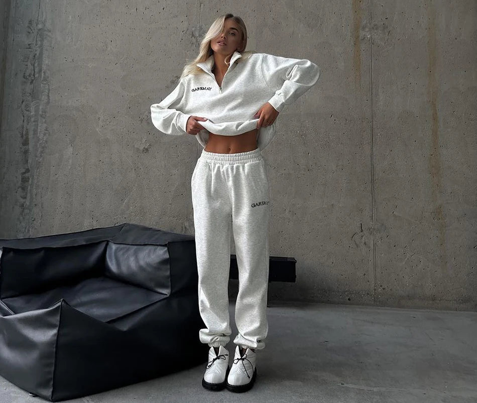 Autumn Women's Tracksuit with Zipper Cotton Oversize White Casual Two Piece Set Women Classic Sports Trouser Suits for Women