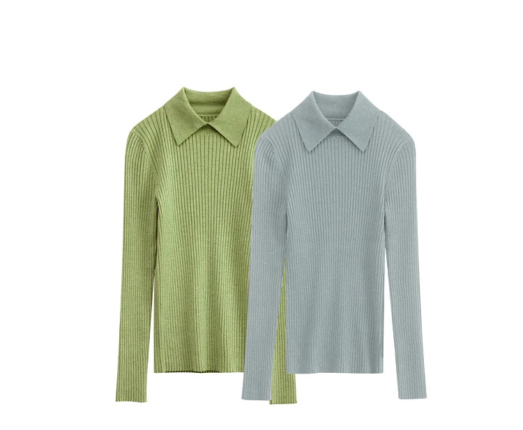 Amii Minimalism 2024 Sweater for Women Autumn New Office Lady Basic Lapel Striped Slim Knitted Tops Solid Trendy Blouse 12444058
