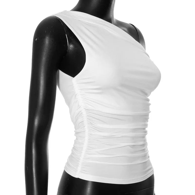 Simple Basic Casual Summer Tank Top Sleeveless Solid Color Off Shoulder Side Ruched Crop Tops Vestidos Spring Women T S