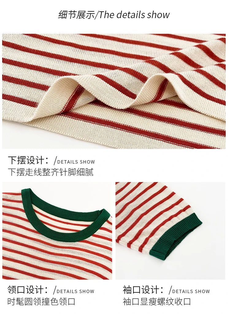 2025 Stripe Tops Women Knitted Round Collar Summer Print Short Sleeve Casual Simple Wild T-Shirt