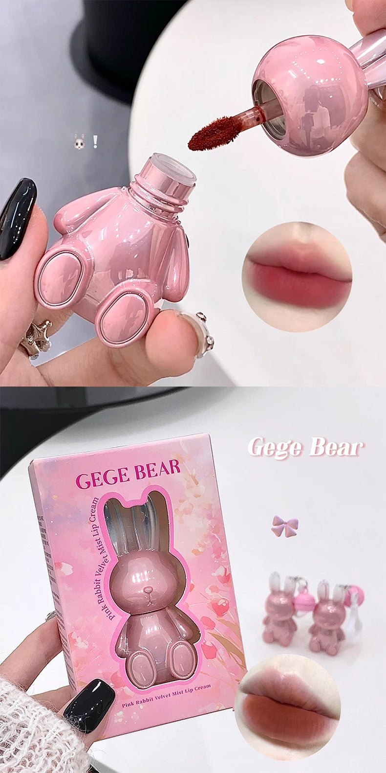 Gege Bear Pink Rabbit Velvet Matte Lip Cream Black Rabbit Water light lip glaze matte mirror pendant lipstick lip gloss