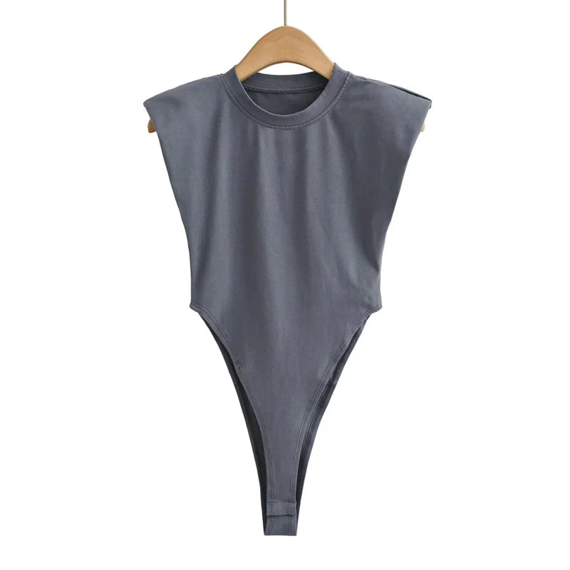 Sexy tops women 2024 Summer one-pieces bodycon bodysuit padded shoulder bodysuit black sleeveless body suits for women white