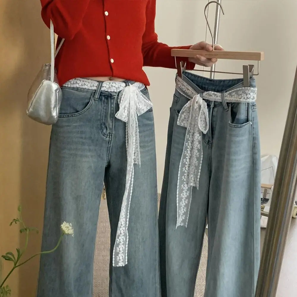 Unique Y2k Long Lace Waistband Bow Thin Lace Waist Belt Floral Tie Up Dress Jeans Belt Streetwear