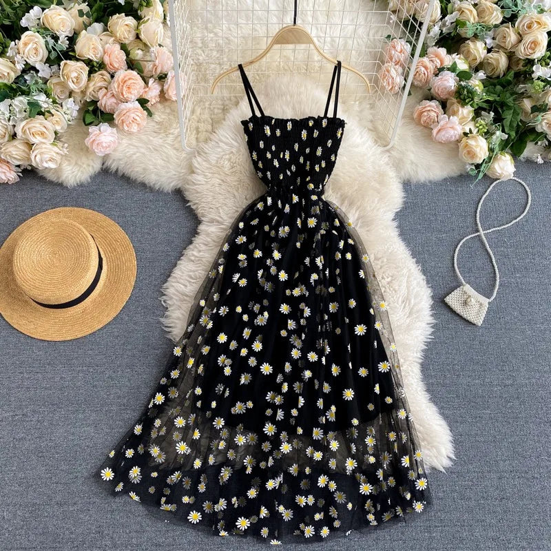 YuooMuoo Women Dress 2025 New Korean Fashion Floral Print Spaghetti Straps Mesh Party Dress Vacation Style Lady Beach Vestidos