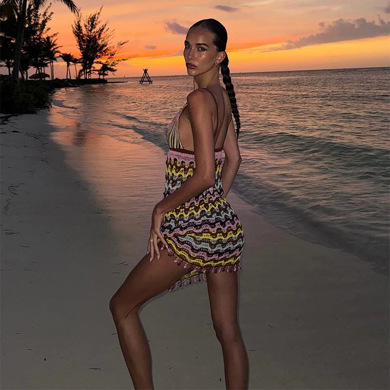 Irregular Printed Knitted Mini Dress For Women Chic Backless Slanted Shoulder Slim Fit Dresses 2025 Summer Holiday Beach Robes