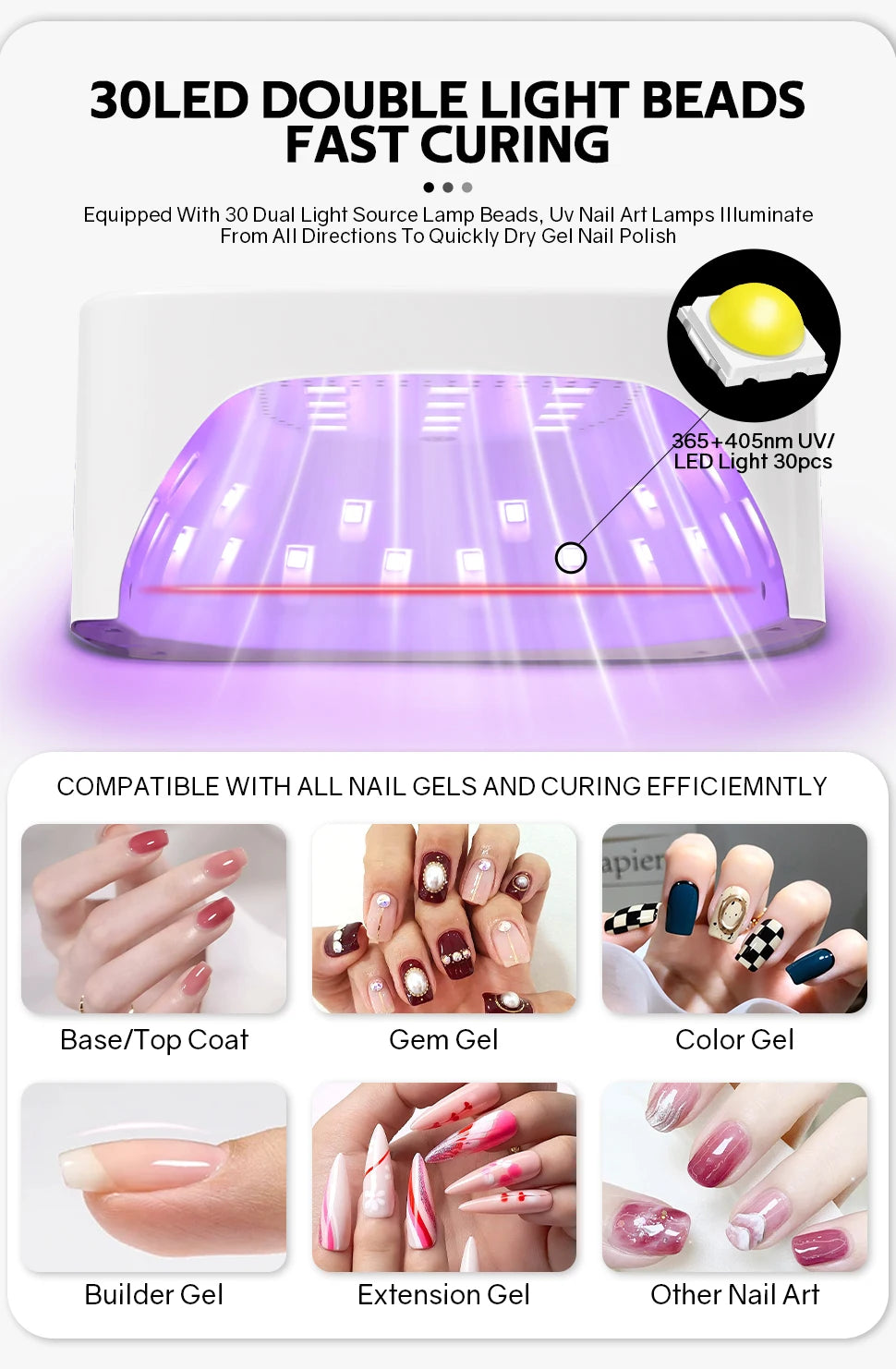 120W UV LED Nail Lamp Professional 30 LEDs Nail Dryer with 3 Timer Settings Rechargeable Manicure Lamp for Curing All Nails Gel