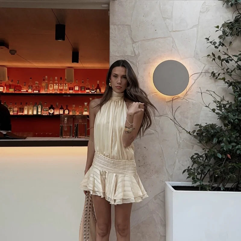Stunning Shiny Ruffles Lace Up Mini Dress Women's Chic Loose Hollow Out A-line Pleated Vestidos Lady Summer Party Gowns 2025 New