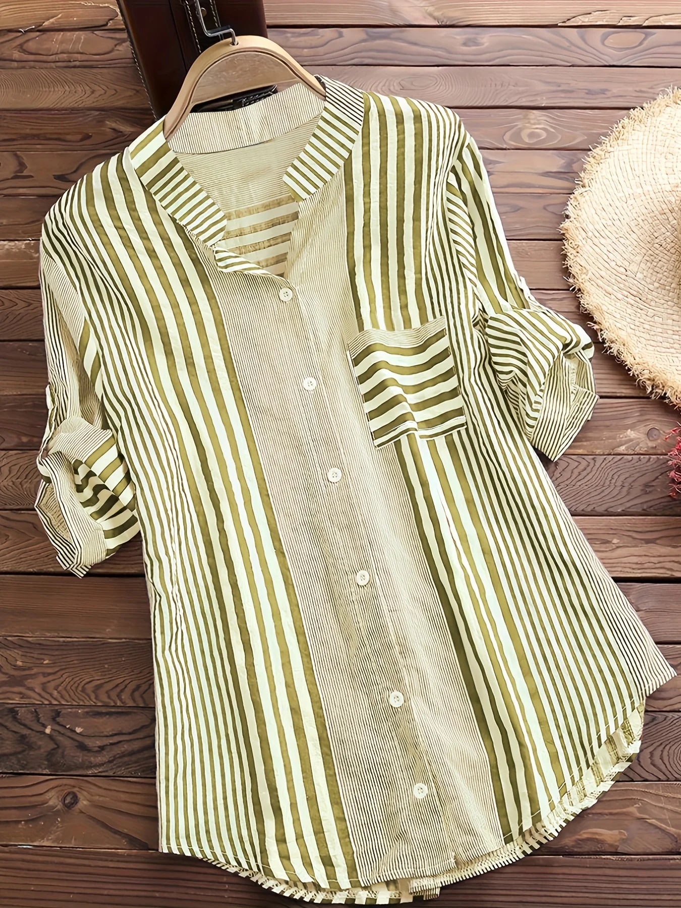 Women's Spring Fall Cotton Linen Long Sleeves Roll Up Striped Casual V Neck Button Down Shirts Blouses Collar Tunic Tops