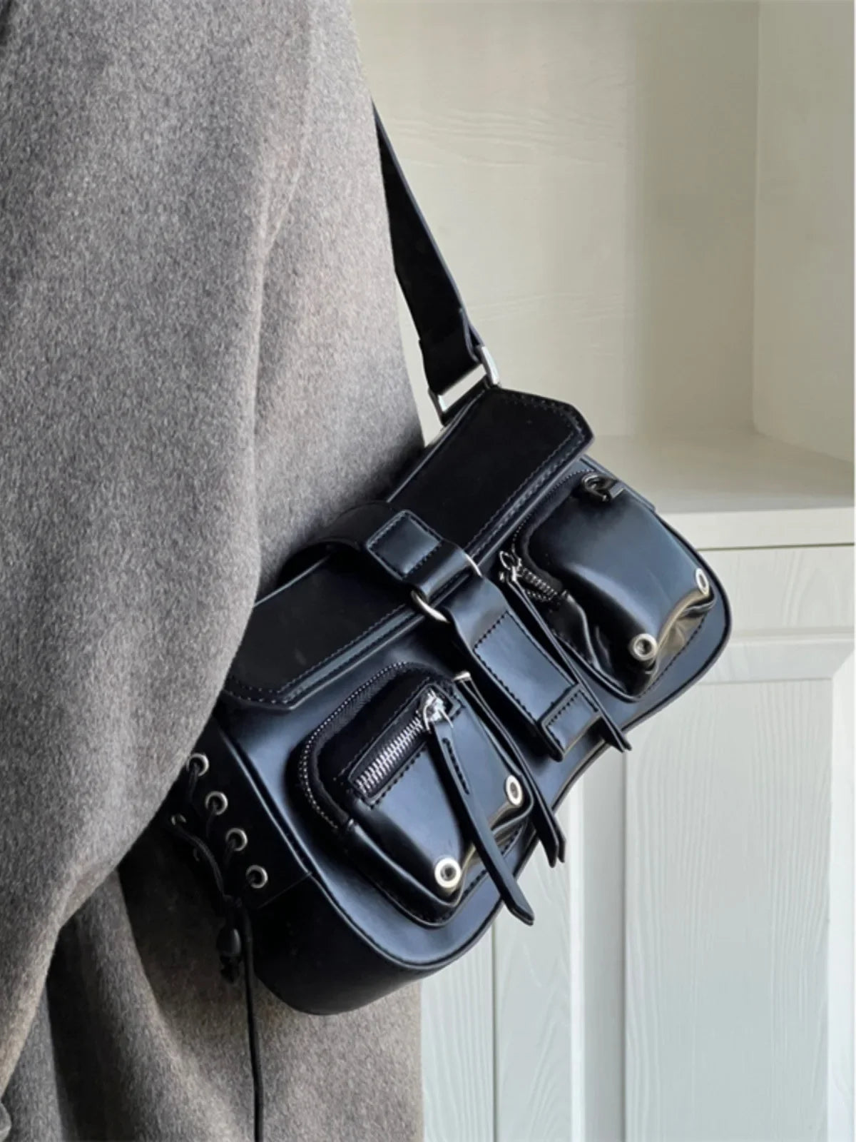 Y2K Korean Women Harajuku Vintage Gothic Black Hand Bag Aesthetic Elegant Punk Wallet Purse Handbags Shoulder Trend Tote Bags