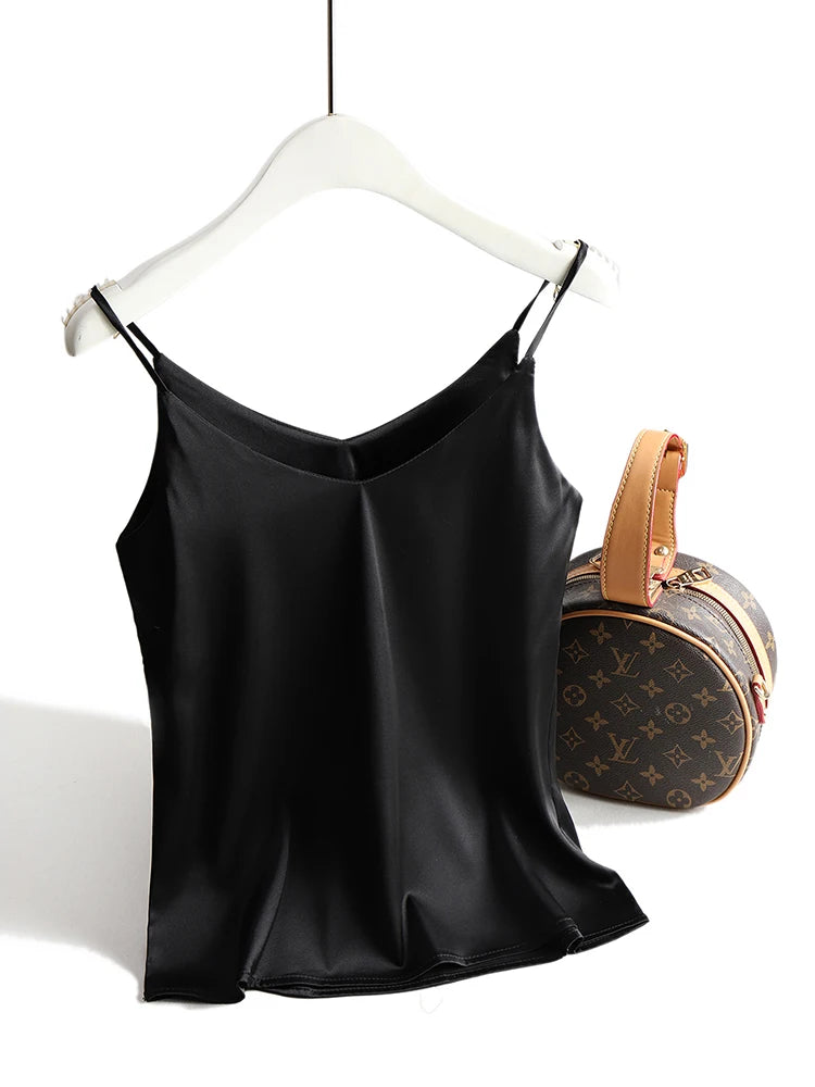 AOSSVIAO 2025 Spaghetti Strap Top Women Halter V Neck Basic White Cami Sleeveless Satin Silk Tank Tops Women'S Summer Camisole