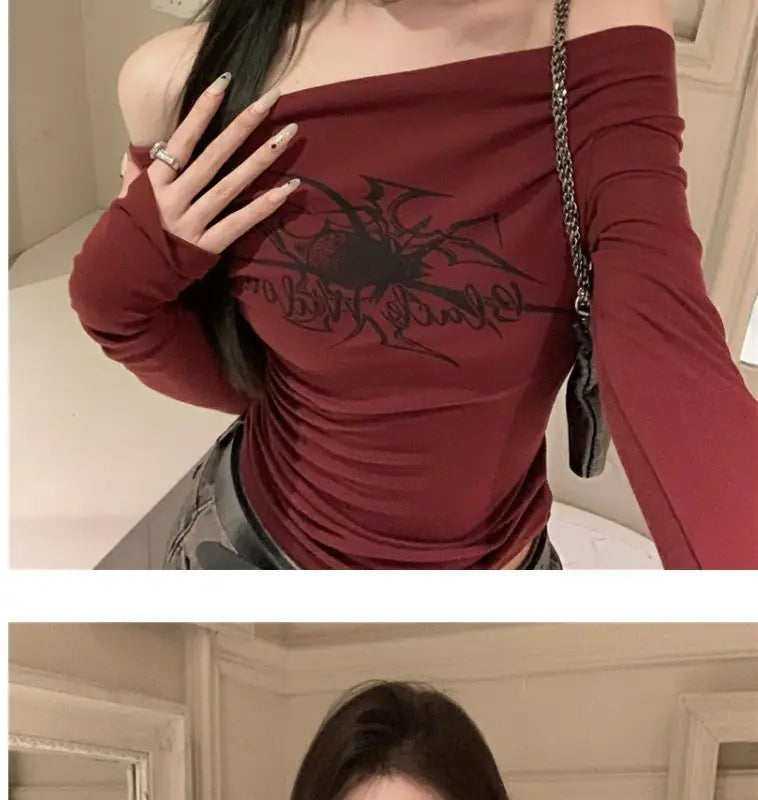 Women Y2K Gothic Grunge T Shirts Off Shoulder 2023 Autumn Streetwear Fairycore Hip Hop Tops Punk Casual Tees Female Clothes