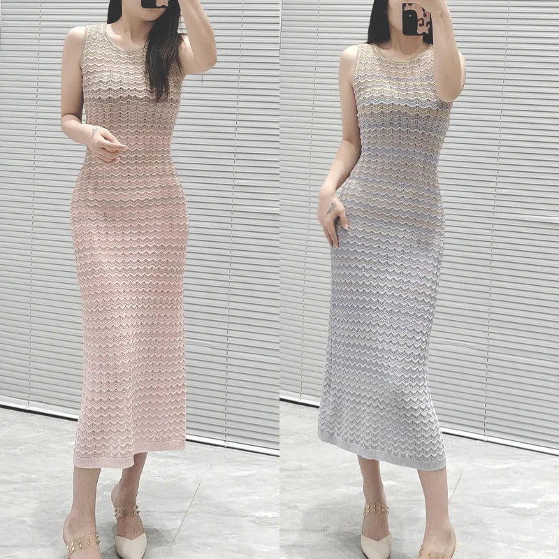 CHUJIE Women's Dress 2025 Spring/Summer New Design Gradually Changes Color, Fashion Elegant Slim Fit Round Neck Sleeveless Dress