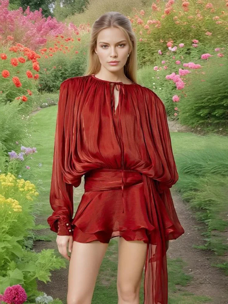 Fashion Women's Ruffles Short Dress Elegant Round Neck Lace Up Lantern Long Sleeve Mini Vestido Chic Female 2025 Solid Dresses
