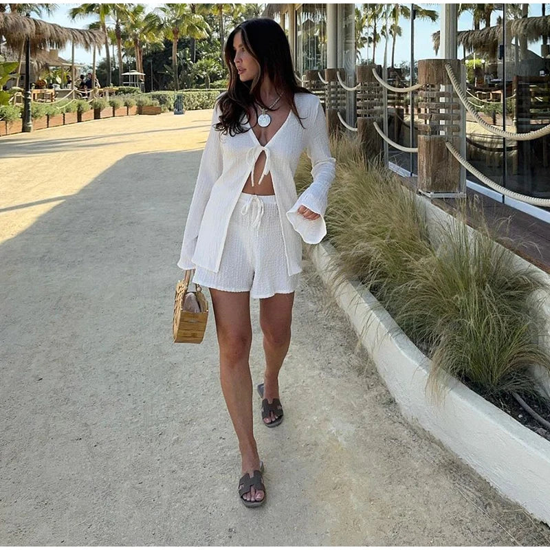 Fashion Solid Women 2 Piece Set Casual Flare Sleeve Lotus Leaf Edge Lace Up Mesh Sheer Shorts Suit 2025 New Lady Commute Outfit