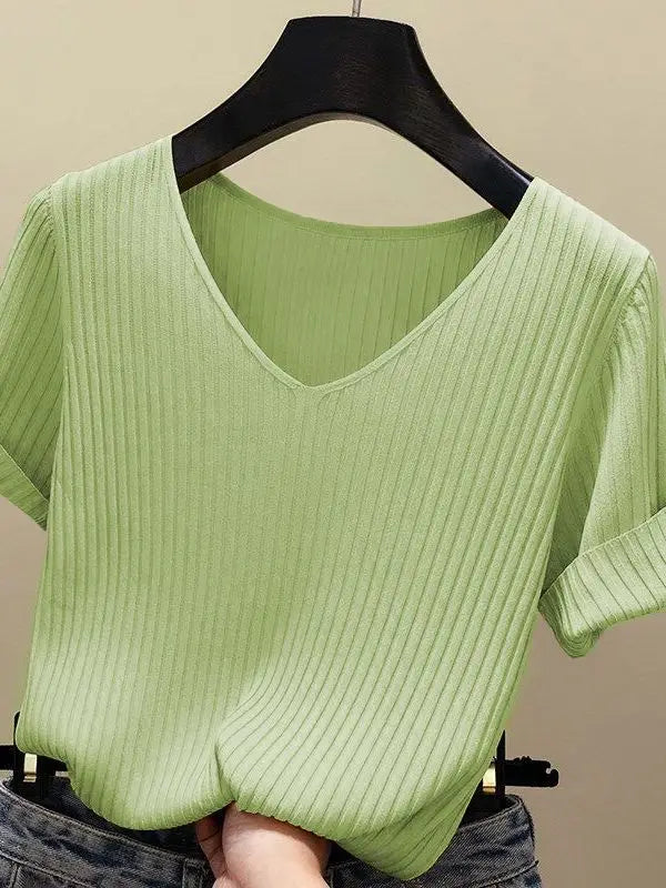 Knitted short sleeve Women V-Neck T Shirts 2025 Blue Slim Black thin knit Orange Tops Ladies Summer Camiseta Summer T shirts