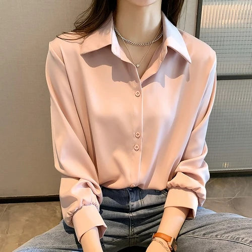 Spring Autumn Casual Chiffon Shirt Women Office Lady Shirts Fashion Female Long Sleeve Loose Solid Blouse Tops S-4XL