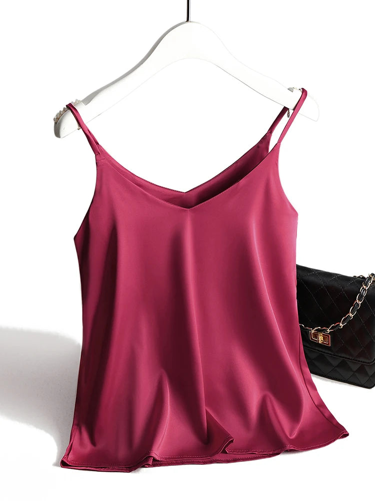 AOSSVIAO 2025 Spaghetti Strap Top Women Halter V Neck Basic White Cami Sleeveless Satin Silk Tank Tops Women'S Summer Camisole