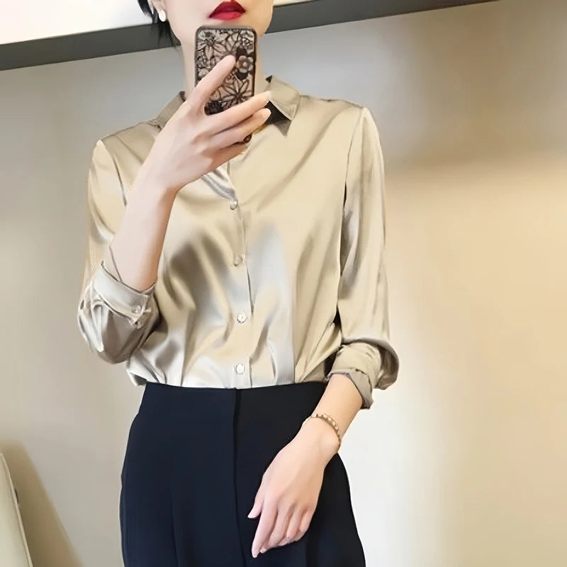 French Elegant Women Satin Glossy Shirt Summer Solid Loose Long Sleeve Blouses Office Lady's All-Match Shirt Vintage Casual Top