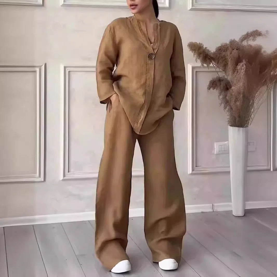 Cotton Linen Sets Two 2 Pieces Sale Casual Long Sleeve Button Loose Blouse Shirt&High Elastic Wide Leg Loose Pant Suits NMD-3021