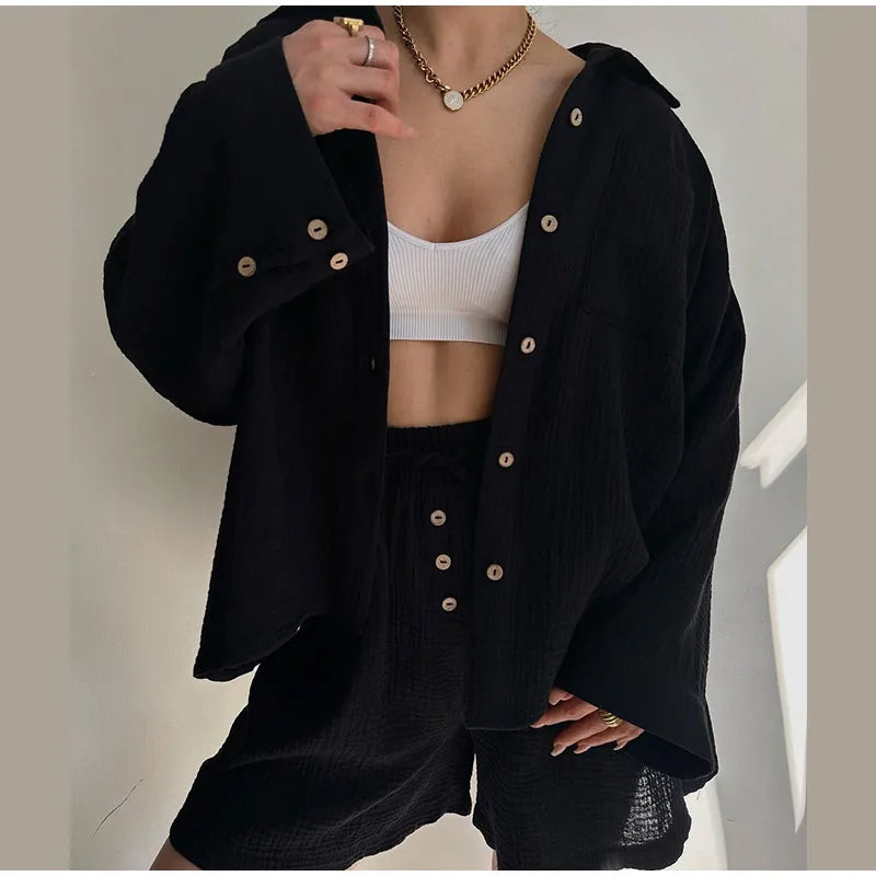 Classic Solid Shirt Pants Set Women Casual Loose Long Sleeved Lapel Elastic Waist Two Piece Suit 2025 New Summer Street Outfit