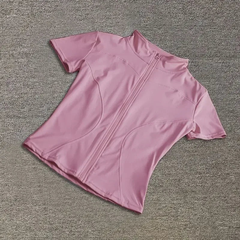 Summer High Quality Waist Slimming Training Tops Women's Quick-drying Tight Stand Collar Full Zipper Short Sleeves Yoga shirts