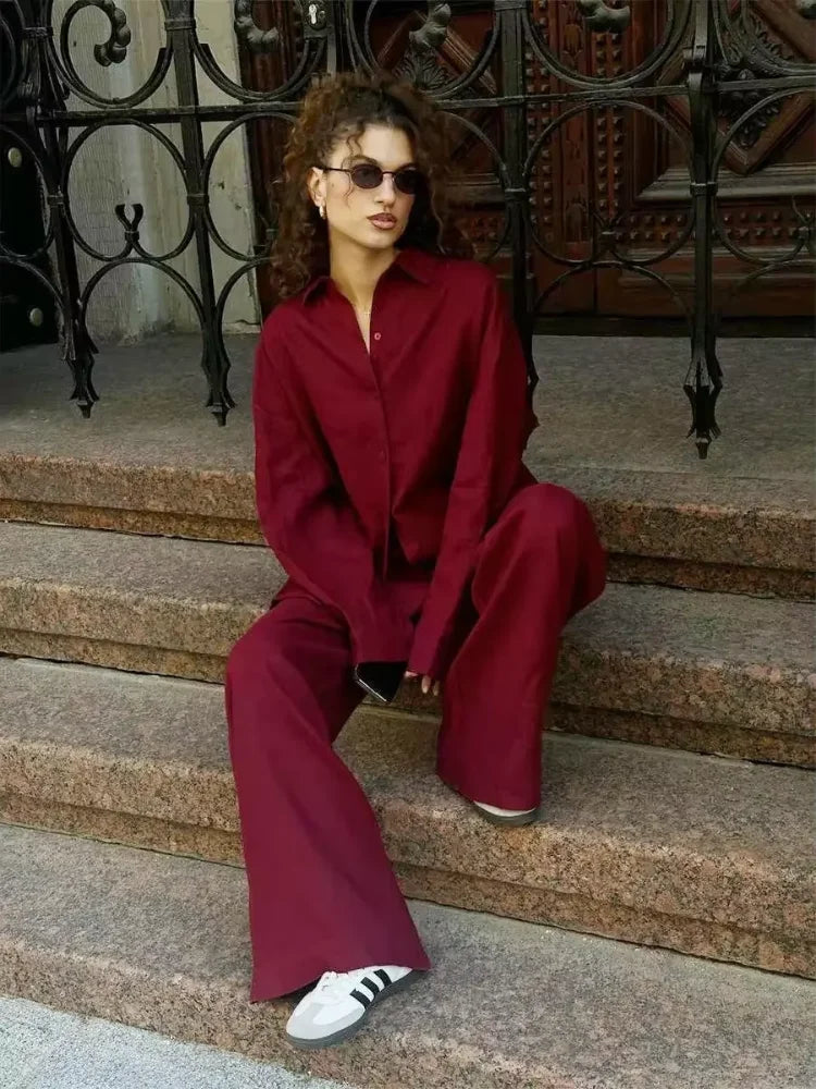 Classic Solid Shirt Pants Set Women Casual Loose Long Sleeved Lapel Elastic Waist Two Piece Suit 2025 New Summer Street Outfit