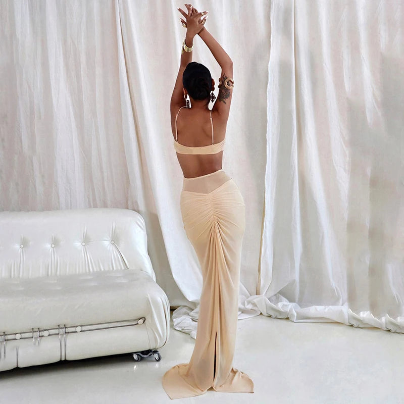 Sexy Off Shoulder Mesh See Through Maxi Dress Women Backless Ruched Elegant Gown 2025 Summer Night Prom Birthday Outfits