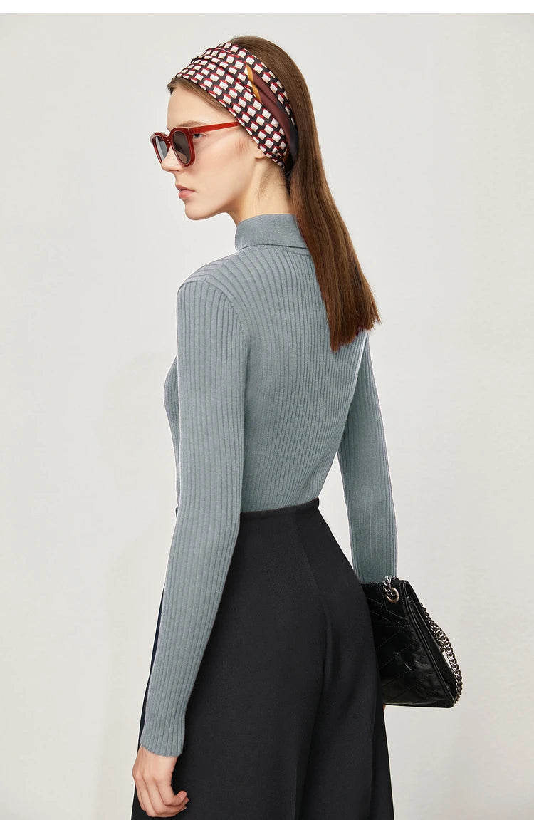 Amii Minimalism 2024 Sweater for Women Autumn New Office Lady Basic Lapel Striped Slim Knitted Tops Solid Trendy Blouse 12444058